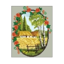 Wzór liczony 6086 Wiejski pejzaż w kwiatowej ramce
