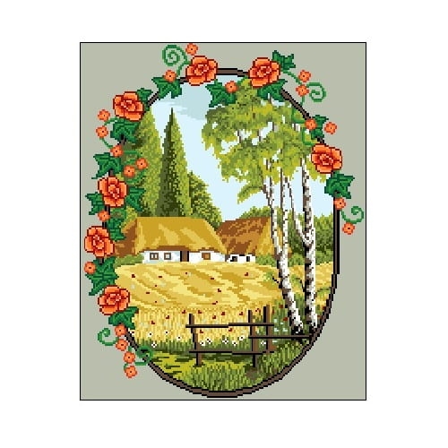 6086 Kanwa do haftu - Pejzaż wiejski w owalu.jpg